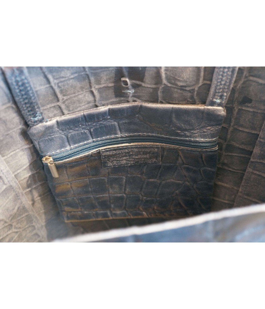 Santaia grand sac cabas cuir effet croco bleu jean fait en italie