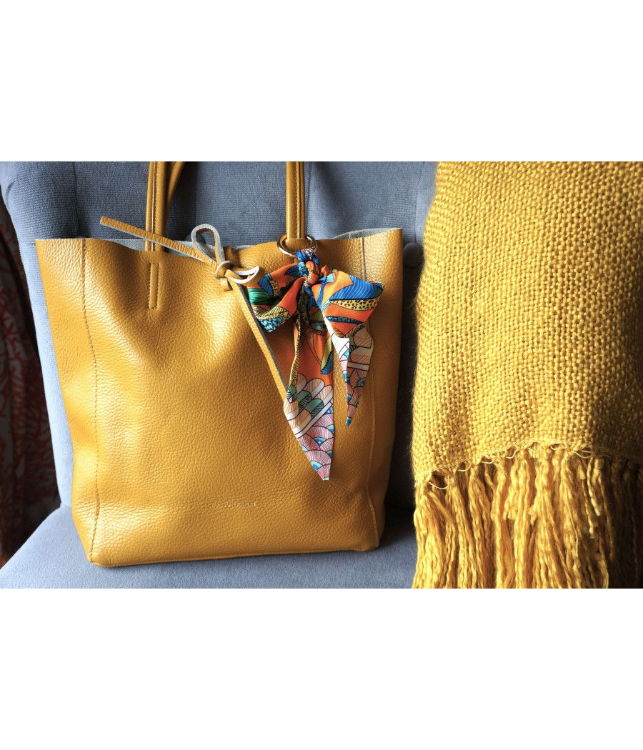 NOEUD CHIC STYLE COUTURE - Motif feuilles oiseaux plumes orange bleu -  Esprit foulard ruban - Bijou de sac élégant - Porte-clés