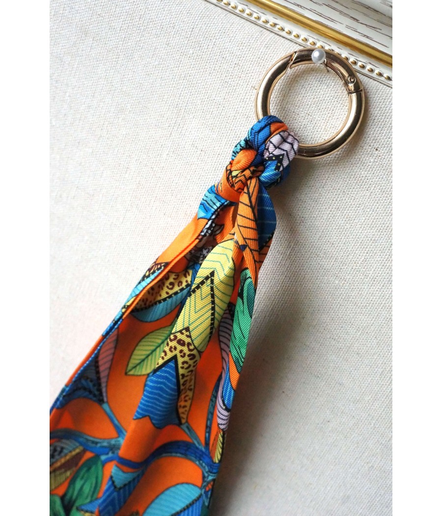 NOEUD CHIC STYLE COUTURE - Motif feuilles oiseaux plumes orange bleu -  Esprit foulard ruban - Bijou de sac élégant - Porte-clés