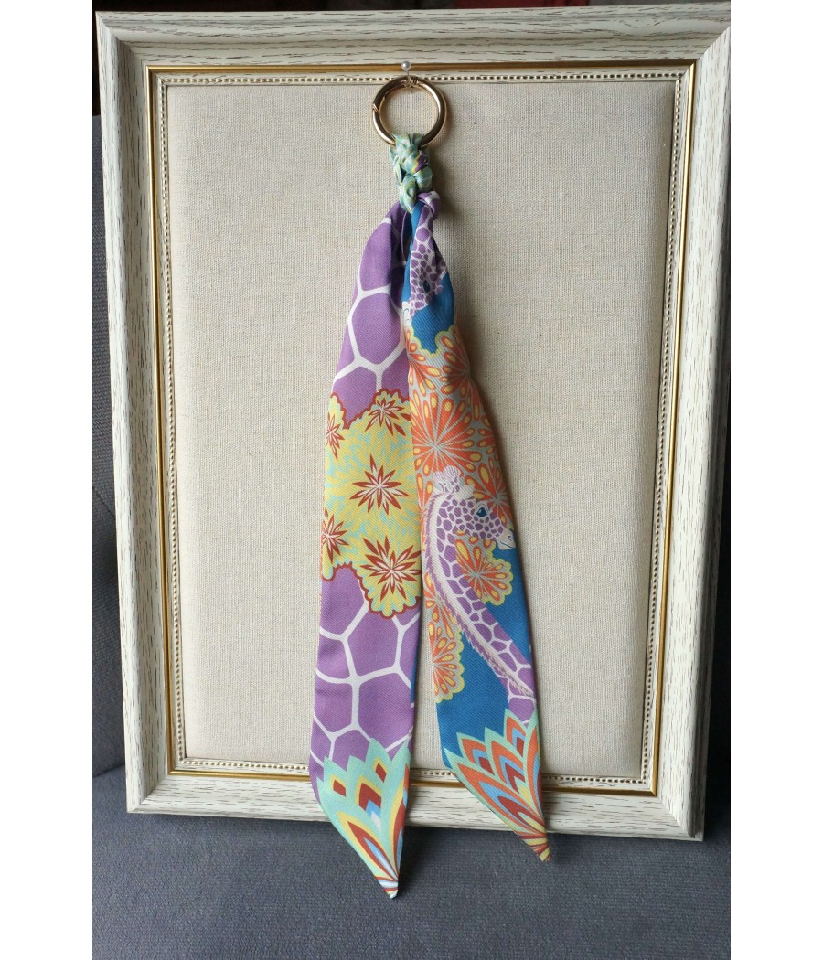 NOEUD CHIC STYLE COUTURE - Motif géometrique et fleur marine jaune - Esprit  foulard ruban - Bijou de sac élégant - Porte-clés