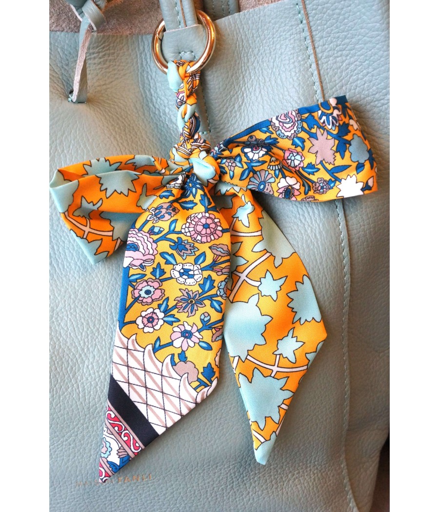 NOEUD CHIC STYLE COUTURE - Motif fleurs jaune bleu pastel et canard -  Esprit foulard ruban - Bijou de sac élégant - Porte-clés